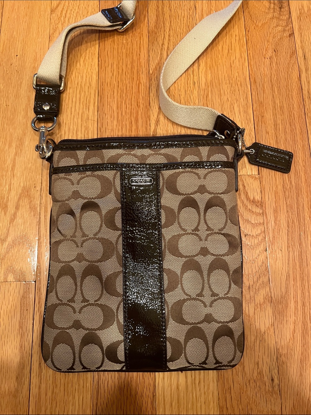 Coach Brown Signature Crossbody with Dark Patent Trim